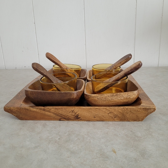 Vintage Wooden Serving Set w Amber Glass and Wooden Bowls (4) Carved Spoons MCM